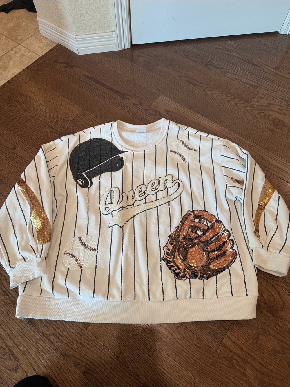 QUEEN OF SPARKLES White Pinstripe Baseball Sequin Sweatshirt with Gold Accents